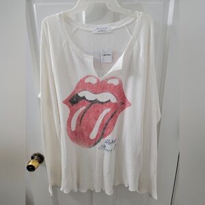 Free People White Long Sleeve Tee with Pink Graphic